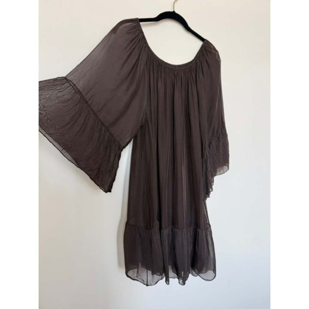 Chocolate Brown Silk Blend Boho Off Shoulder Flowy Dress | Peasant Mini | M/L - Picture 2 of 9